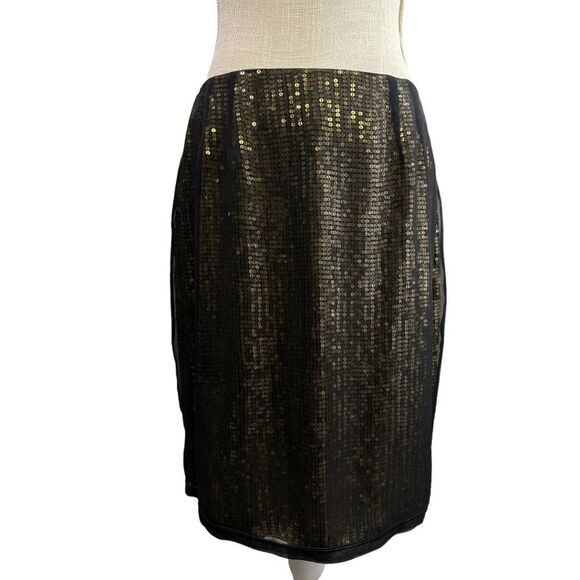 Linda Allard Ellen Tracy Black Sheer Silk Overlay Gold Sequin Skirt Size 12 NWT - Picture 1 of 12